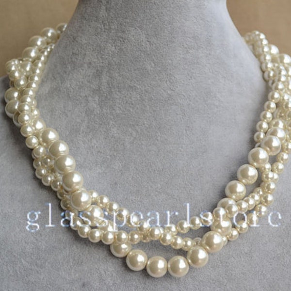 Elfenbein Perlenhalskette,Twist Glasperlenkette,Dreier Strang Perlenkette,Hochzeitshalskette,Brautjungfer Halskette,Statement Halskette