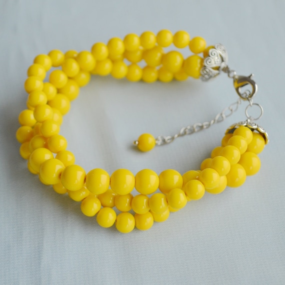 Yellow Bracelet Yellow Bead Bracelet Triple Strands Glass Etsy