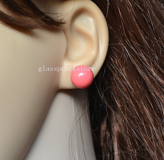 12mm huge round pink coral pearl stud earrings,coral color glass pearl  earrings stud,big pearl earrings,bridesmaid earrings,wedding Jewelry