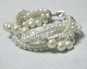 White Glass Pearl 5-Strand Bracelet, Wedding Bridal Jewelry