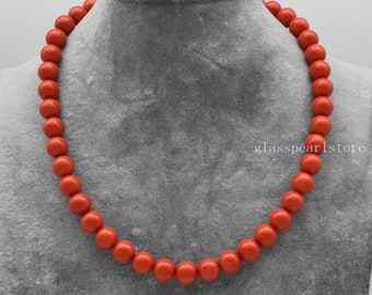 Single Strand 10 mm Orange Glass Pearl Necklace, bridesmaid necklace, Statement Necklace, Orange beaded necklace, bridesmaid accessory