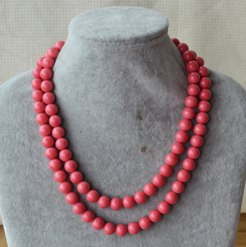 double strand pink coral pearl Necklace, coral color glass Pearl Necklace,Wedding Necklace,bridesmaid necklace,pink coral bead necklace