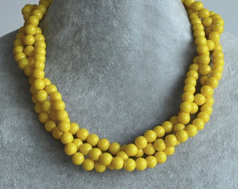 yellow bead necklace,3 strands 8mm yellow pearl necklace,statement necklace, twist necklace, yellow necklace,wedding yellow color necklaces
