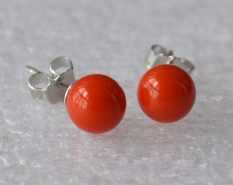 small orange pearl earrings,6mm Glass Pearl earrings,orange earrings,round pearl stud earrings,bridesmaid earrings, orange bead earrings