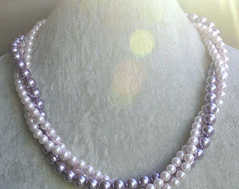 pink lilac pearl necklace, twisted necklace, triple strand glass pearl necklace, lilac pearl and light pink pearl mixing necklace,wedding