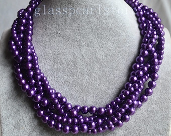 purple pearl necklace, five strand purple Glass Pearl Necklace, twist purple bead Necklace, Wedding choker Necklace, bridesmaid necklace