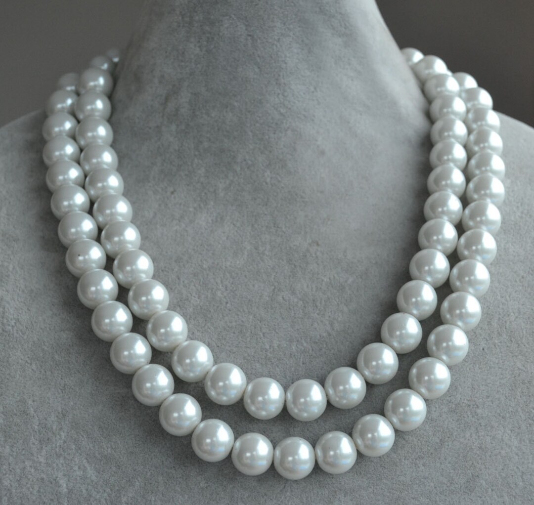 12mm Glass Pearl Necklacetwo Strand 18 Inch Single Pearl - Etsy