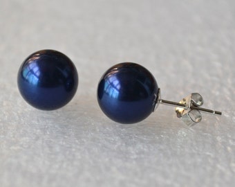 10mm Navy Blue Glass Pearl Stud Earrings, Glass Pearl Post Earrings, Blue color Beaded Earrings, Wedding Earrings, Bridesmaid Earrings