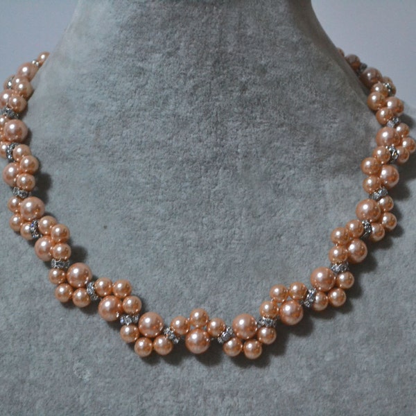 Peach pearl Necklace,peach Glass bead Necklace,peach flower Necklace,Wedding Necklace,bridesmaid necklace,statement necklace,peach necklace