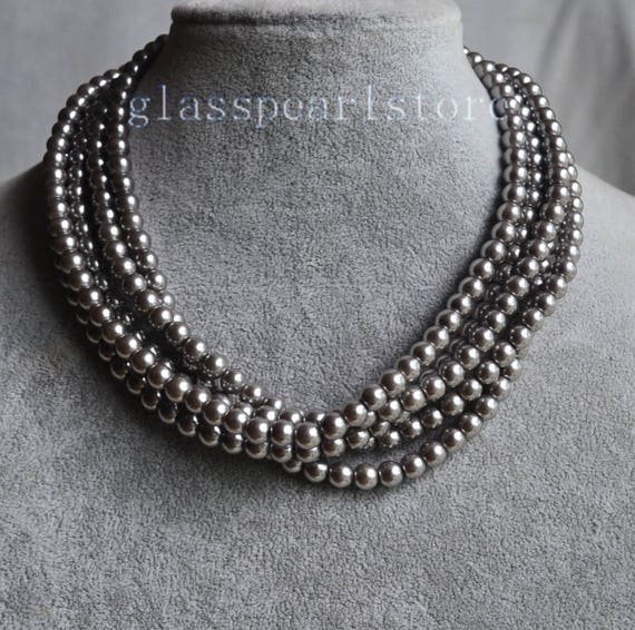 Gray Pearl Necklace, Five Strand 6mm Glass Pearl Necklace