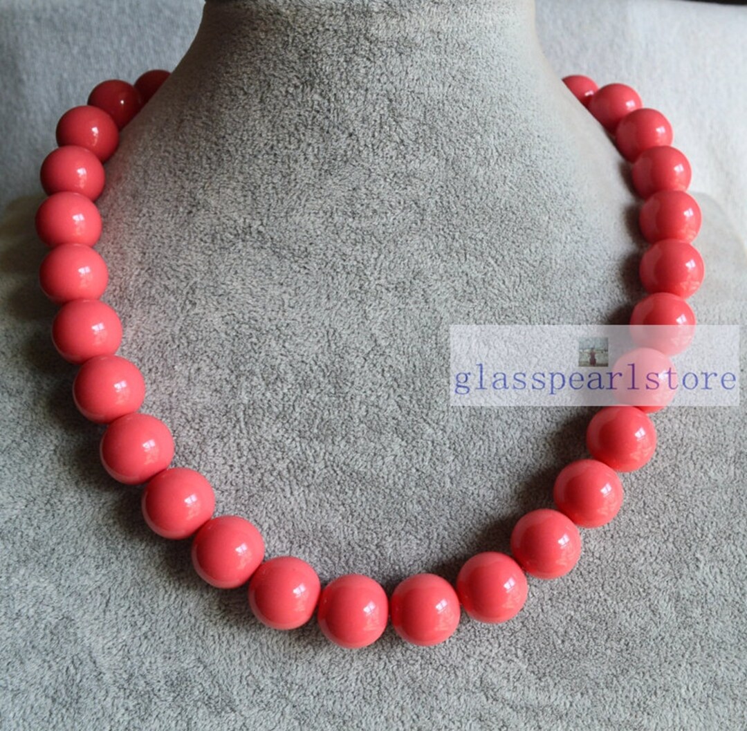 Huge Pink Coral Color Necklace,14mm Pink Coral Glass Beads Necklace