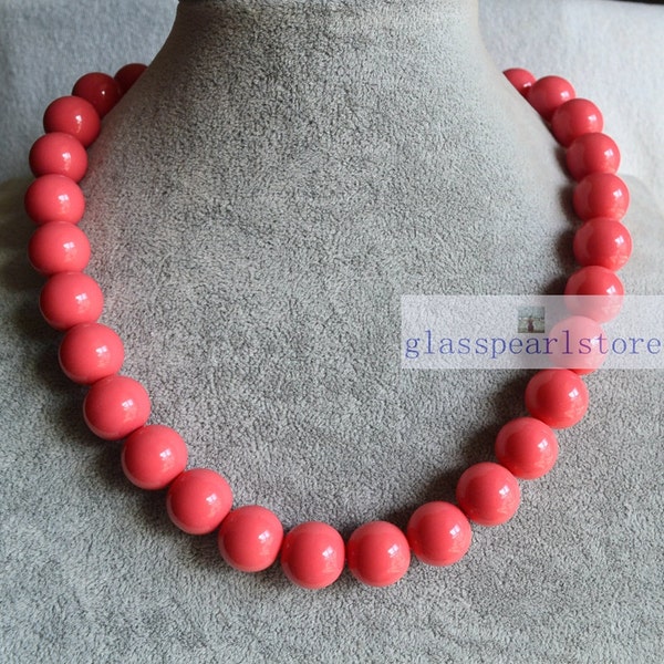 Énorme collier de couleur corail rose, collier de perles de verre de corail rose de 14 mm, collier de grosses perles à un brin, collier de mariage, collier de mère, bijoux