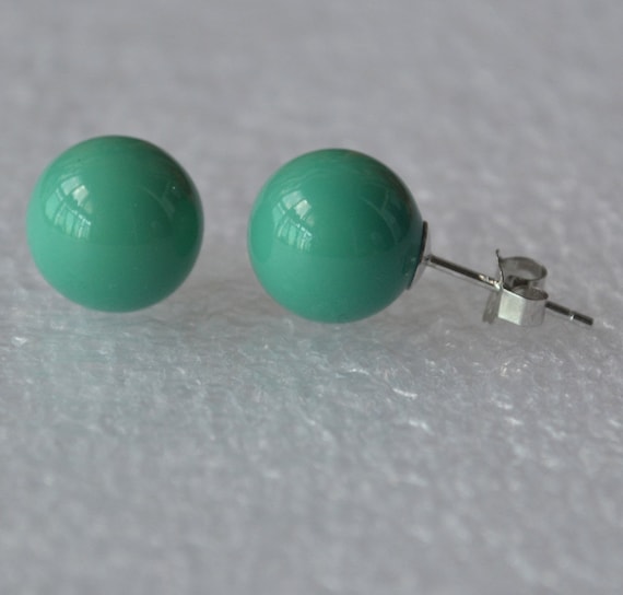 10mm turquoise pearl earrings, big turquoise glass bead earring, turquoise  stud earrings, bridesmaid earrings, turquoise color earrings