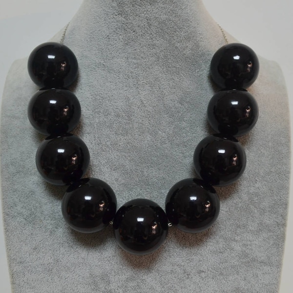 Huge Black Beaded Necklace, 30mm black faux pearl necklace,statement necklace,imitation pearl necklace,big black pearl necklace,men necklace