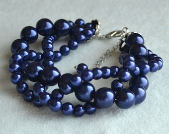Marine Blau Glasperlen Armband, Dreireihiger Statement Schmuck