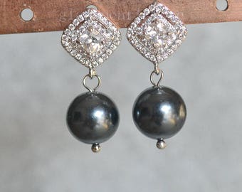 dark gray earrings, glass pearl with zircons earrings, dangling pearl earrings, beautiful bridesmaid earrings, women earrings stud dangling