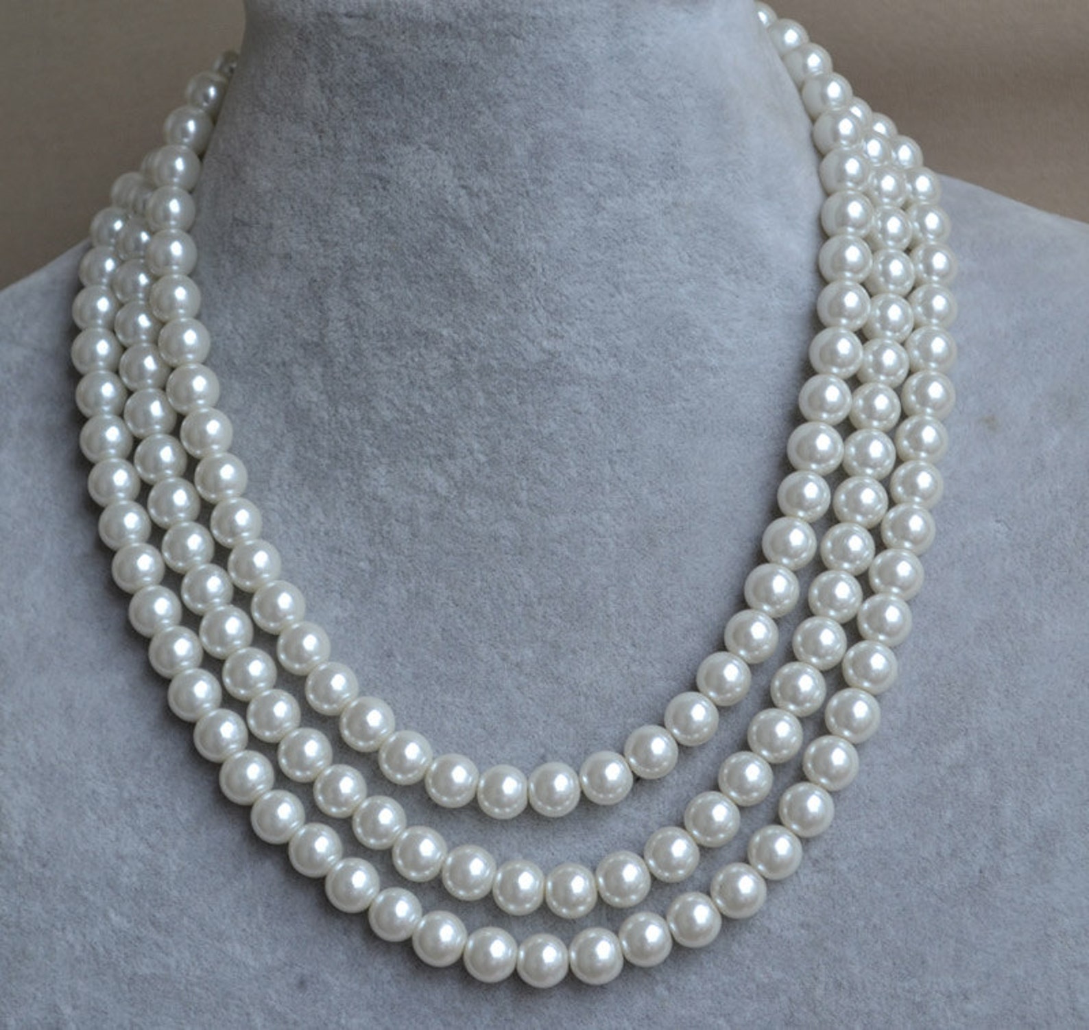 Ivory Pearl Necklace Three Strands Pearl Necklace Statement Etsy