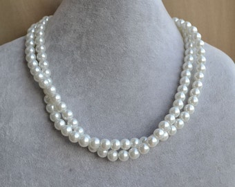 White Glass Pearl Two-Strand Necklace, Wedding Jewelry