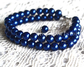 Navy Blau Glasperle Doppelstrang Armband, Blau Perlen Armband, Hochzeitsschmuck
