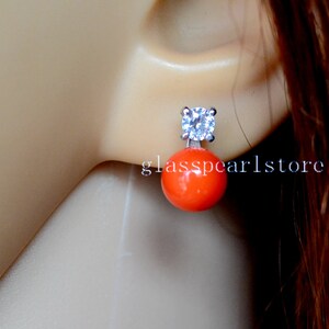 Orange Glass Pearl Earrings, Zircon Post, Wedding Jewelry, Orange Beads Stud Earrings, Bridesmaid earrings, Wedding Earrings