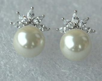 pearl ear rings,bridal earrings, pearl and zircons Earrings, mother earrings, glass pearl earrings, Wedding earrings, Maid of honor earring