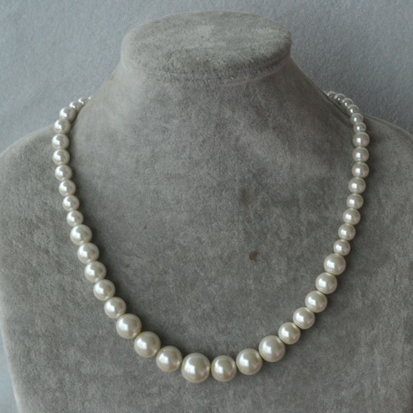 Gradual Increase Pearl Necklace, Single Strand Pearl Necklace, 6-14mm Glass Pearl Necklace, Statement Necklace, bridesmaid necklace