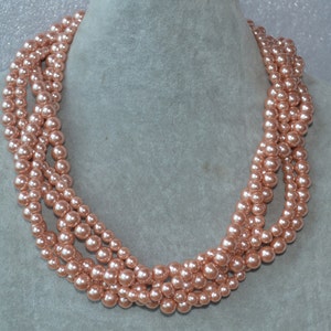 peach pearl necklace, fiver strand peach pearl bead necklaces, peach bead necklace,twisted pearl necklace, peach glass pearl necklace