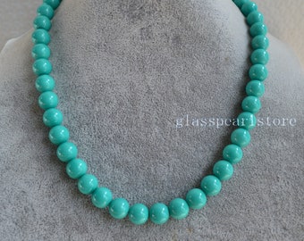 Turquoise Glass Pearl Necklace, 10 mm Beaded Statement Jewelry