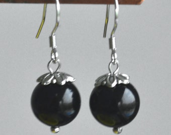 Black Glass Pearl Sterling Silver Dangle Earrings, Bridesmaid Jewelry