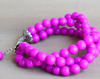 Hot Pink Glass Pearl Bracelet, Triple Strand Twist, Bridesmaid Jewelry