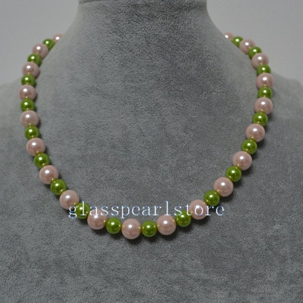 pink and green pearl Necklace, 8mm and 10mm glass pearl bead Necklace,Wedding jewelry,bridesmaid jewelry,single strand mixed color jewelery