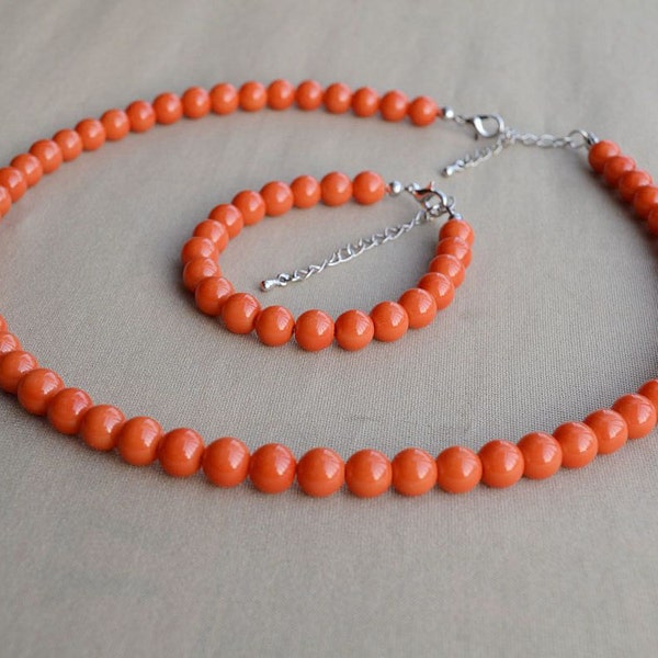 orange pearl bracelet, orange pearl necklace, orange pearl set, wedding jewelry set,bridesmaid jewelry set, glass pearl set, orange necklace