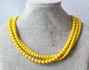 yellow pearl Necklace, Glass Pearl Necklace, yellow beads necklace, Triple Strands Pearl Necklace, Statement Necklace, bridesmaid necklace