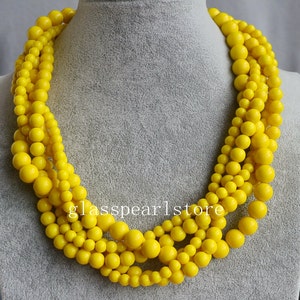 Yellow necklace, five strands yellow pearl necklace, statement necklace, twist necklace, wedding necklace, yellow bead necklaces,bridesmaid