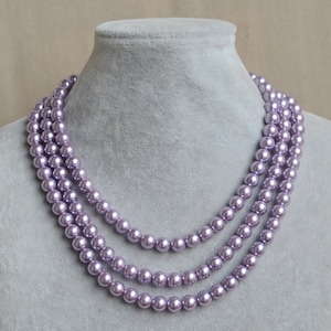 lavender pearl Necklace,Triple strand lilac Pearl Necklace,Wedding bridesmaid necklace,lilac Glass Pearl Necklace, lilac bead necklace