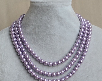 lavender pearl Necklace,Triple strand lilac Pearl Necklace,Wedding bridesmaid necklace,lilac Glass Pearl Necklace, lilac bead necklace