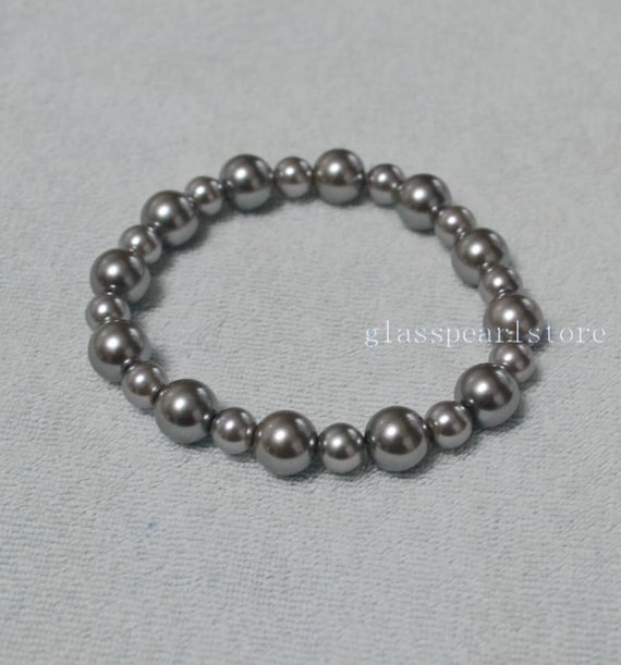 Gray Glass Pearl Stretch Bracelet, Bridesmaid Jewelry