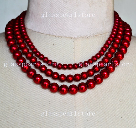 Triple Strand Burgundy Red Pearl Necklace 6mm 8mm 10mm Burgundy Red Bead Necklace Bridesmaid Necklace cheap Glass Bead Necklace Etsy