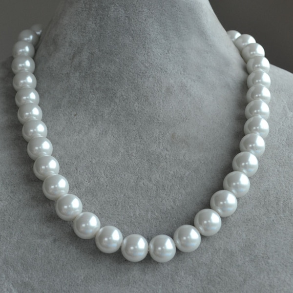 12mm glass pearl necklace,18 inch single pearl necklace,wedding necklace,bride pearl necklace,glass pearl necklace,big pearl necklace,