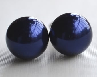 Navy Blue Pearl Earrings,6mm 8mm 10mm 12mm glass Pearl earrings, statement earrings, navy beaded earrings, navy color earrings,navy earrings
