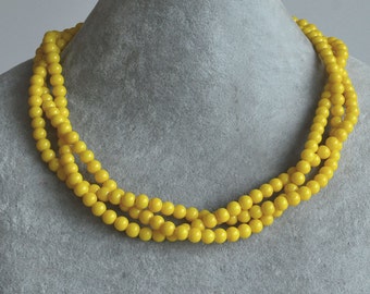 yellow Pearl Necklace, triple strands yellow beaded Necklace, statement necklaces, Bridesmaid necklace, yellow bead necklace