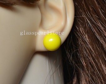 12mm big yellow bead stud earrings,yellow color glass pearl earrings stud,yellow beaded earrings,bridesmaid earrings,statement earrings