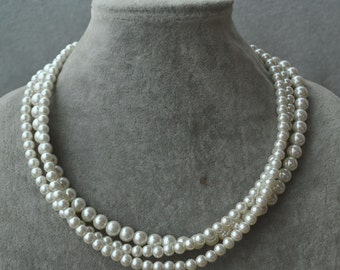 ivory pearl Necklace,Glass Pearl Necklace,Pearl Necklace,3 rows pearl necklace,Wedding Necklace,bridesmaid necklace,Jewelry