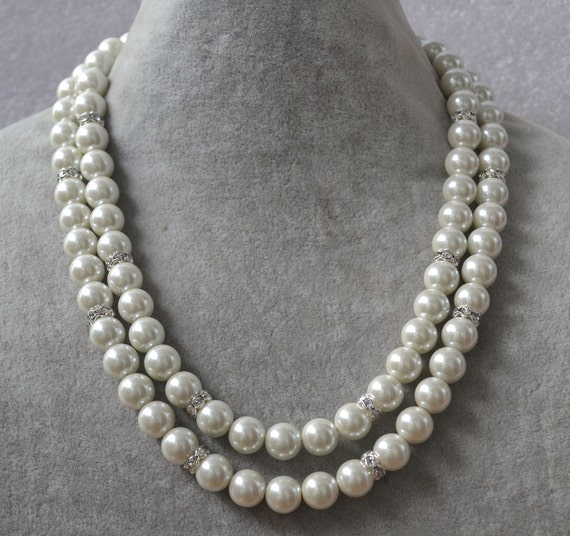 Double strand 10 mm pearl necklace pearl and rhinestone Etsy