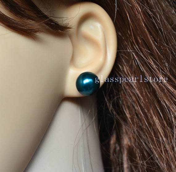 12mm huge round teal pearl stud earrings,teal color glass pearl earrings  stud,big pearl earrings,wedding bridesmaid Jewelry,women earrings