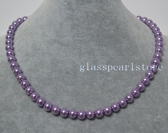lilac pearl Necklace,8mm glass pearl Necklace,Wedding Necklace,bridesmaid necklace,Jewelry,faux pearl necklace,gift, round pearl necklace
