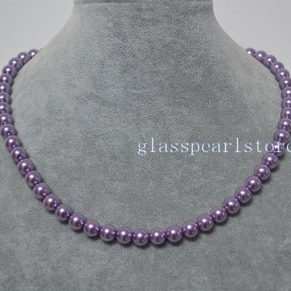 lilac pearl Necklace,8mm glass pearl Necklace,Wedding Necklace,bridesmaid necklace,Jewelry,faux pearl necklace,gift, round pearl necklace