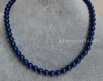 Single Strand 8mm Navy Blue Pearl Necklace,glass pearl Necklace,Statement Necklace,Bridesmaid Necklace