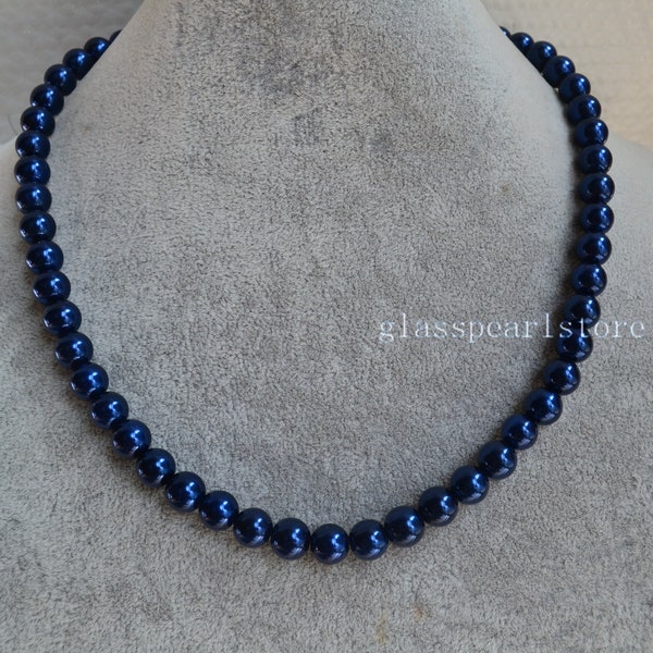 Single Strand 8mm Navy Blue Pearl Necklace,glass pearl Necklace,Statement Necklace,Bridesmaid Necklace