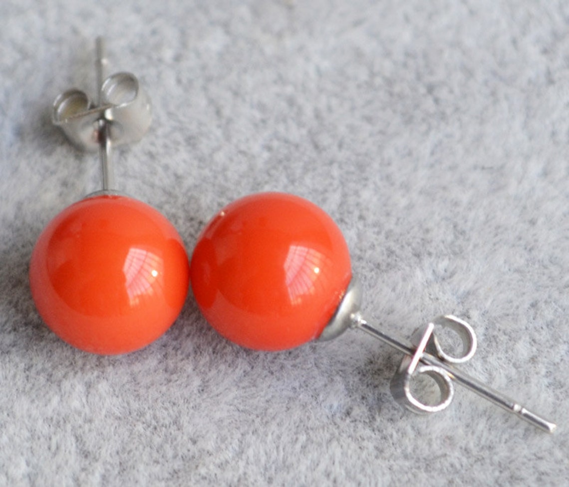Orange Pearl Earrings8mm Glass Pearl Earringsorange Etsy